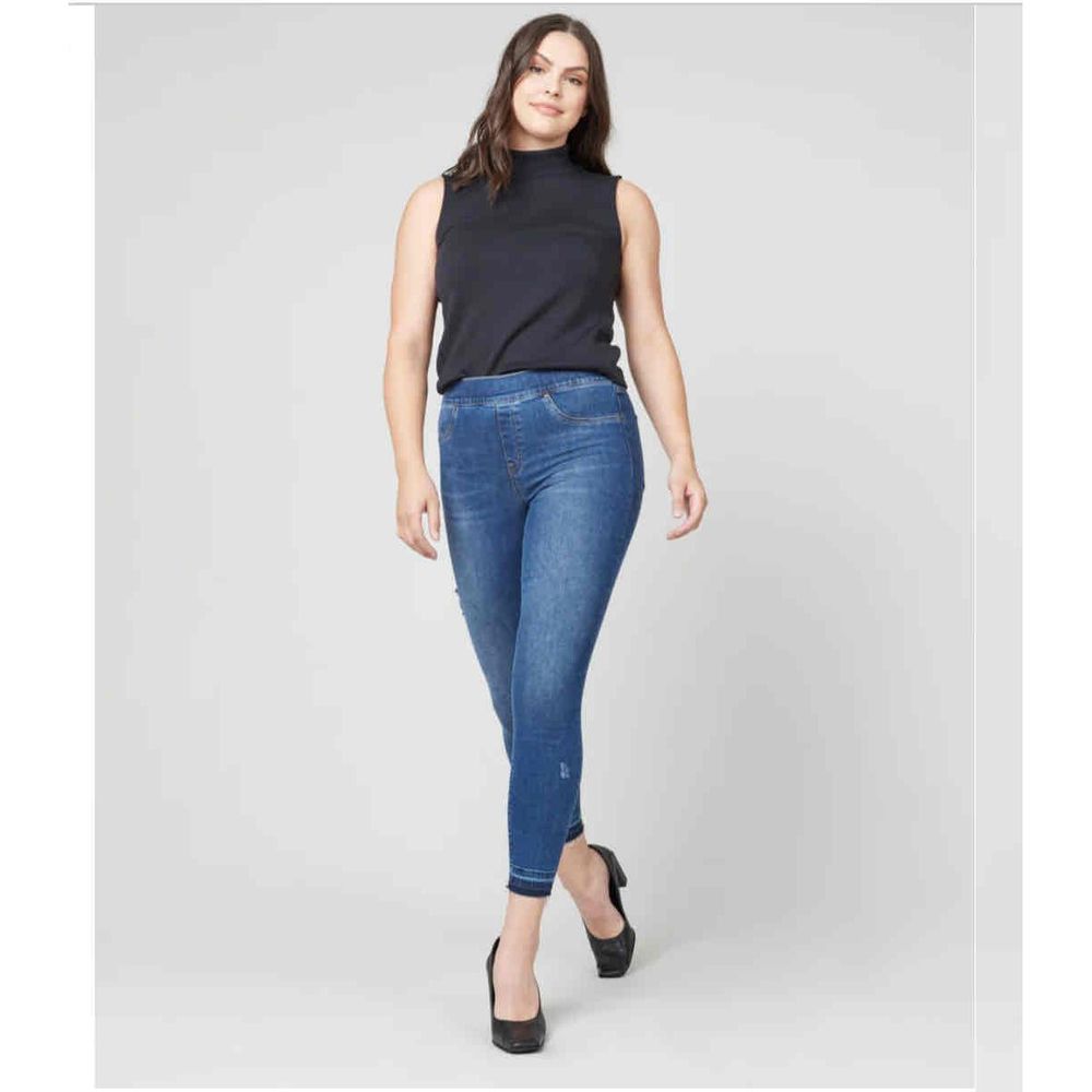 Spanx Distressed Pull on Raw Hem Ankle Stretch Waist Blue Skinny Jeans Size M